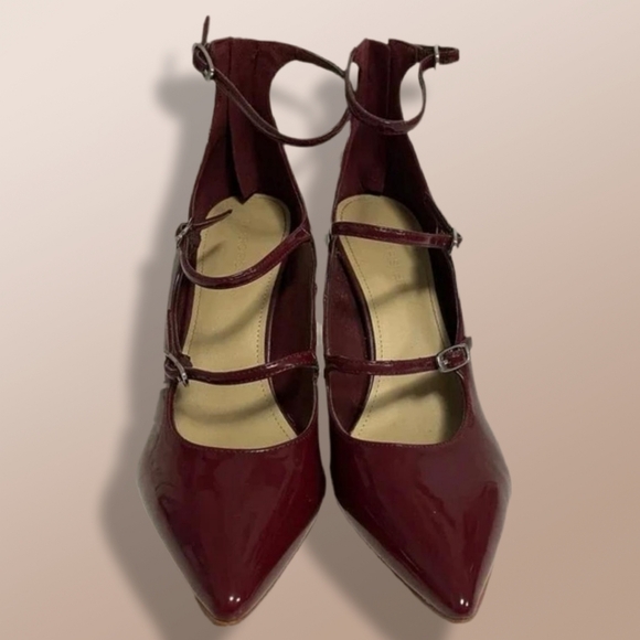 MARC FISHER Burgundy Patent Leather Strappy Pointed Toe Heels Ankle Strap Size 8 - Picture 6 of 12